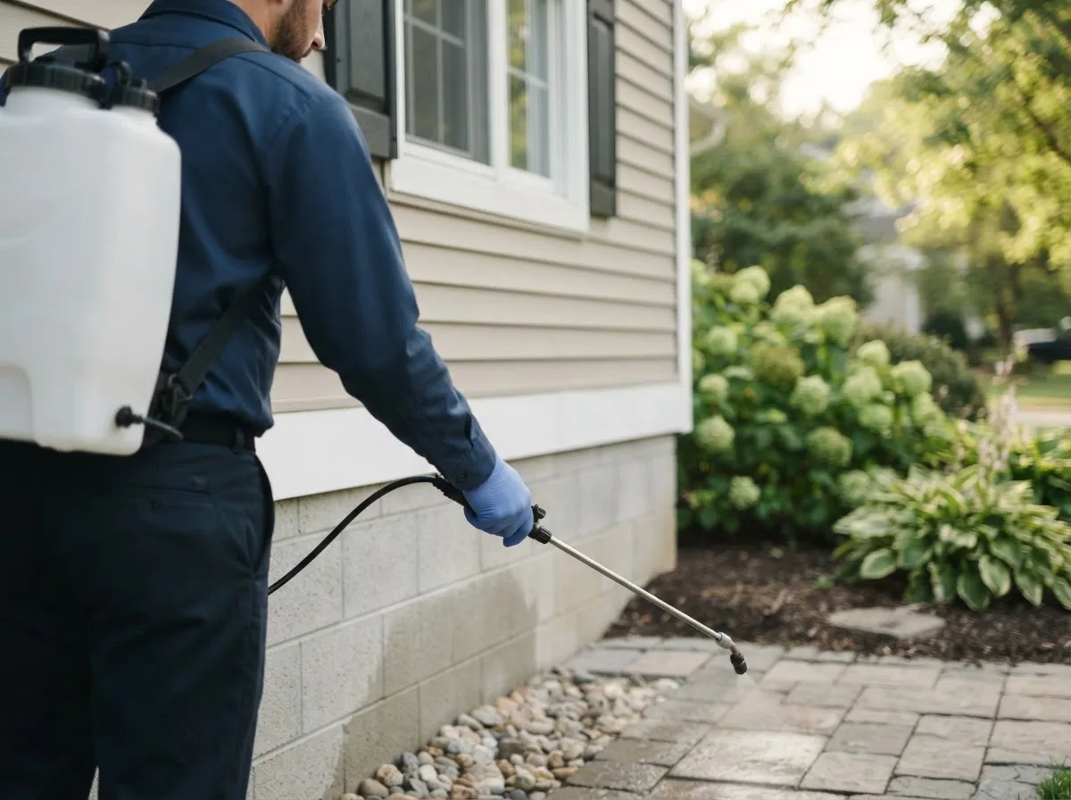Pest control technician inspecting a home in Ypsilanti, MI
